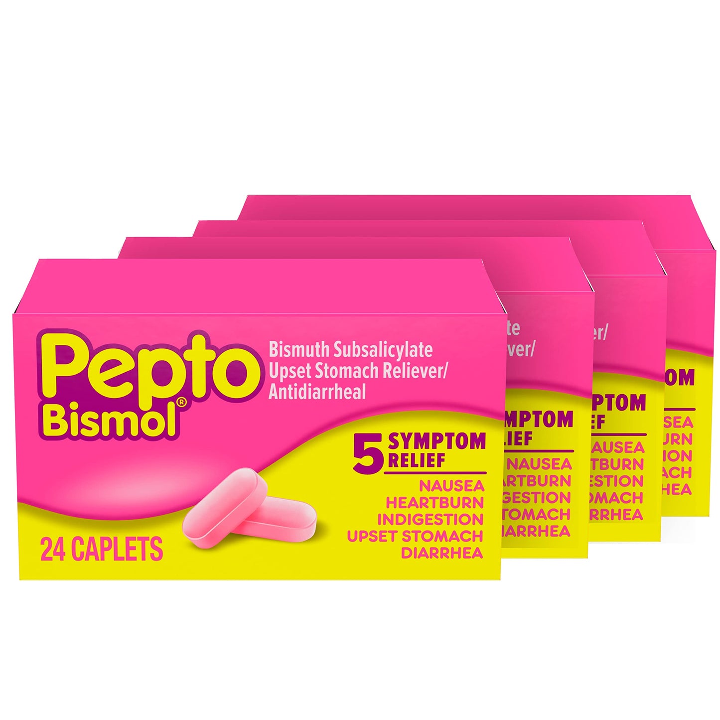 Pepto Bismol Caplets for Nausea, Heartburn, Indigestion, Upset Stomach, and Diarrhea - 5 Symptom Fast Relief in a Convenient Form 24 ct (Pack of 4)