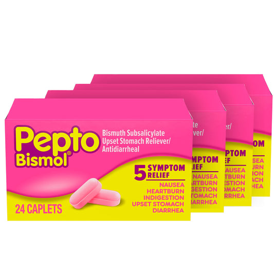 Pepto Bismol Caplets for Nausea, Heartburn, Indigestion, Upset Stomach, and Diarrhea - 5 Symptom Fast Relief in a Convenient Form 24 ct (Pack of 4)