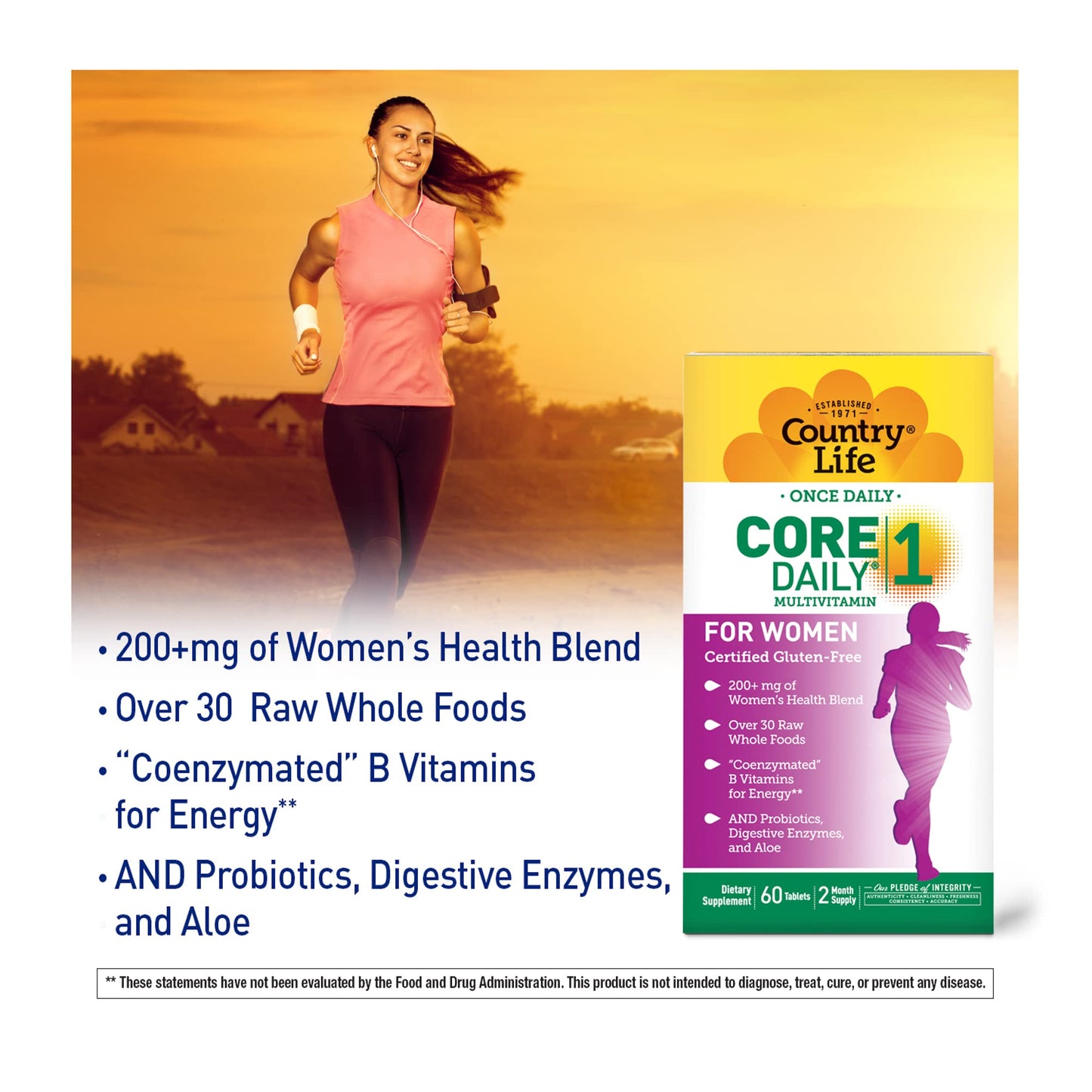Country Life Women’s Core 1 Daily Multivitamin with Iron, Cranberry, Probiotics, and Digestive Enzymes-Certified Gluten-Free Formula for Energy, Immune Support and Complete Digestive Health,60 Tablets