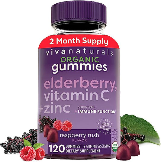 Organic Elderberry Gummies with Zinc and Vitamin C (120 Count) - Two-Month Supply, Certified USDA Organic 3-in-1 Chewable Sambucus Elderberry Gummies, Immune Support Supplement