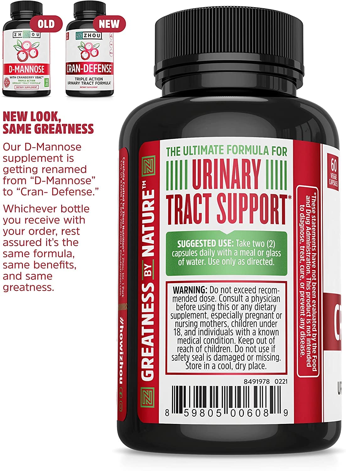 Zhou Cran-Defense - Cranberry Pills for Women & Men, D Mannose with Cranberry Extract, 1000 mg D-Mannose Per Capsule for Urinary Tract Health, Antioxidant Support - 60 Veggie Capsules