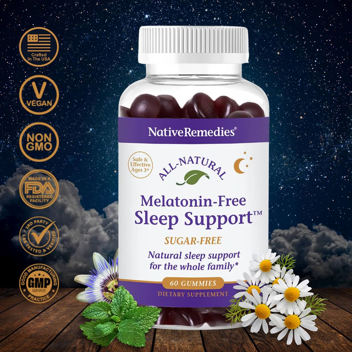 Native Remedies Melatonin-Free Sleep Gummies – Sugar-Free Herbal Formula with GABA, Magnesium, L-Theanine & Valerian – Sleep Aid Natural Support for Adults - 60 Calm Gummy Vitamins