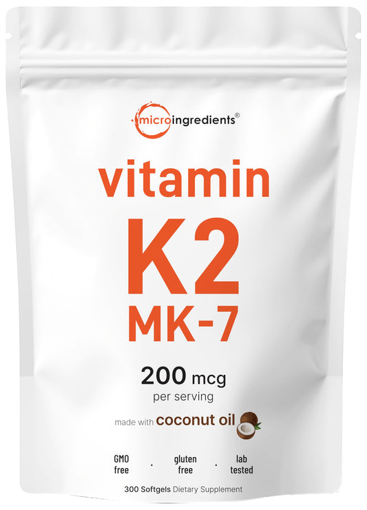 Micro Ingredients Vitamin K2 MK-7 Supplement, 200 mcg Per Serving, 300 Coconut Oil Softgles | Easily Absorbed, Active Menaquinone Form | Immune, Joint, & Heart Support | Non-GMO