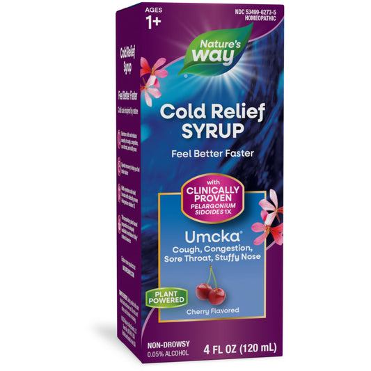 Nature's Way Cold Relief Syrup, Umcka, Shortens Duration & Reduces Severity, Multi-Symptom Cold Relief, Homeopathic, Phenylephrine Free, Non-Drowsy, Cherry Flavored, 4 Fl Oz (Packaging May Vary)