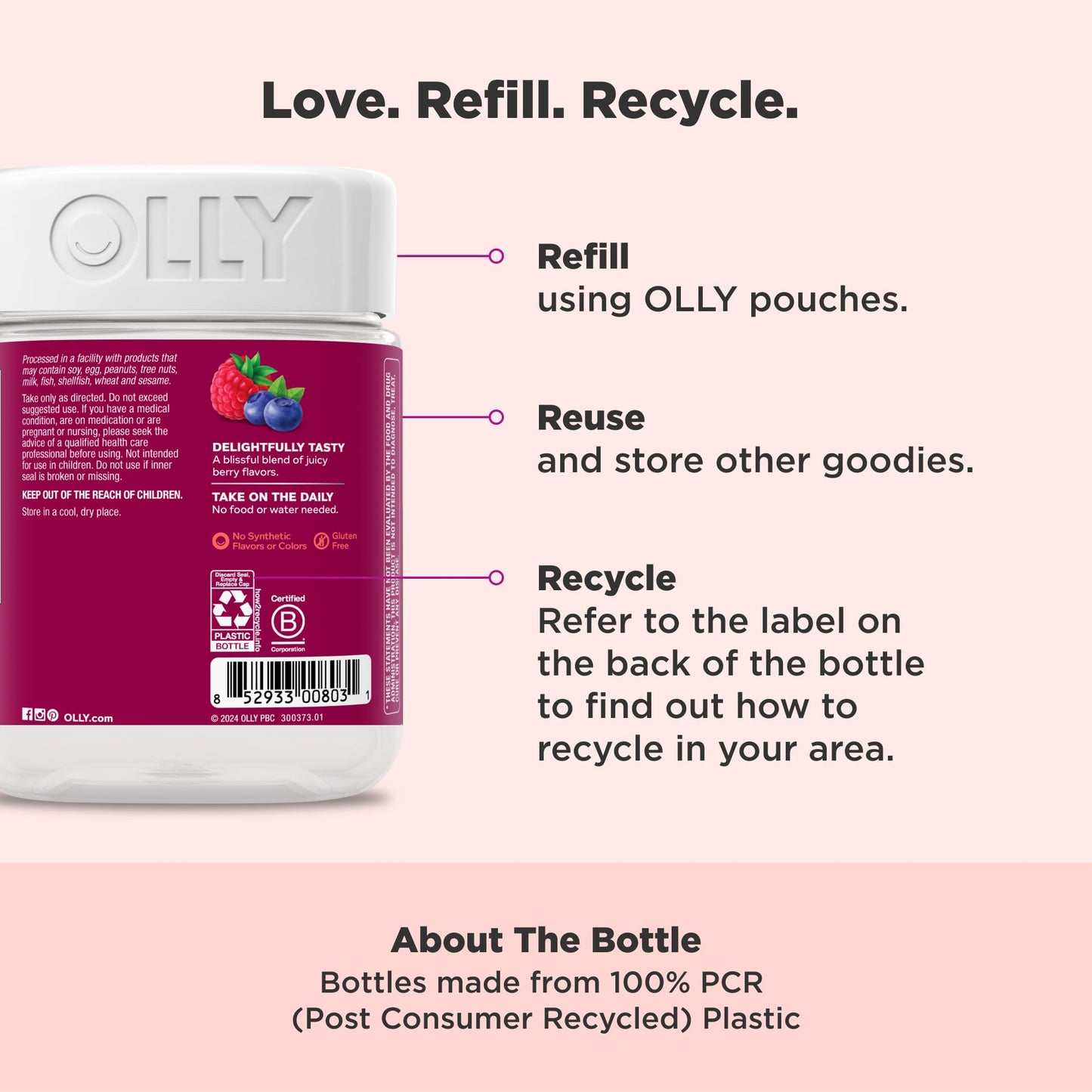 OLLY Women's Daily Multivitamin Gummy, Vitamins A, D, C, E, Biotin, Folic Acid, Adult Chewable Vitamin, Berry Flavor, 65 Day Supply - 130 Count