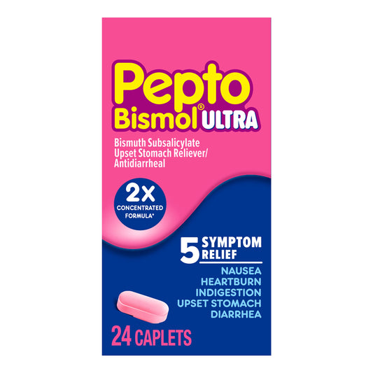 Pepto Bismol Caplets Ultra for Nausea, Heartburn, Indigestion, Upset Stomach, and Diarrhea - 5 Symptom Fast Relief, 24 ct