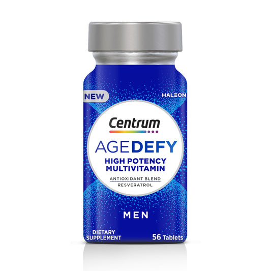 Pre-Order | Arrives in 5–10 Days – 
Centrum Age Defy for Men - High-Potency Multivitamin and Healthy Aging Supplement - Multivitamin Blend with Resveratrol, and Niacin for NAD+ Level Support - Aluminum Bottle, 56 Tablets