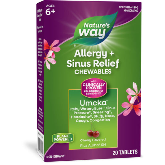 Nature's Way Allergy+Sinus Relief Chewables, Umcka, Sneezing*, Runny Nose*, Headache*, Cough, Congestion, No Phenylephrine, Non-Drowsy, Cherry Flavored, 20 Chewable Tablets (Packaging May Vary)