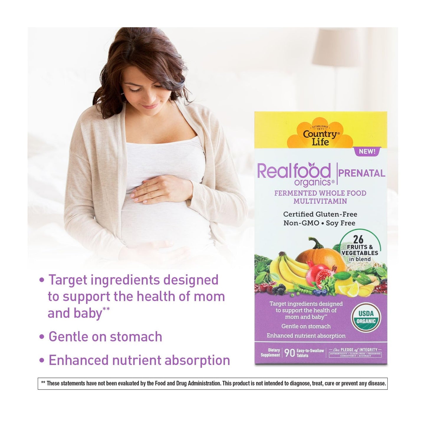 Realfood Organics Prenatal Multi - Before, During, & Post Pregnancy - Folate, D3 & Iron to Support Healthy Fetal Growth and Development*, Gentle on Stomach, Gluten-Free, Soy Free, 90 Tablets
