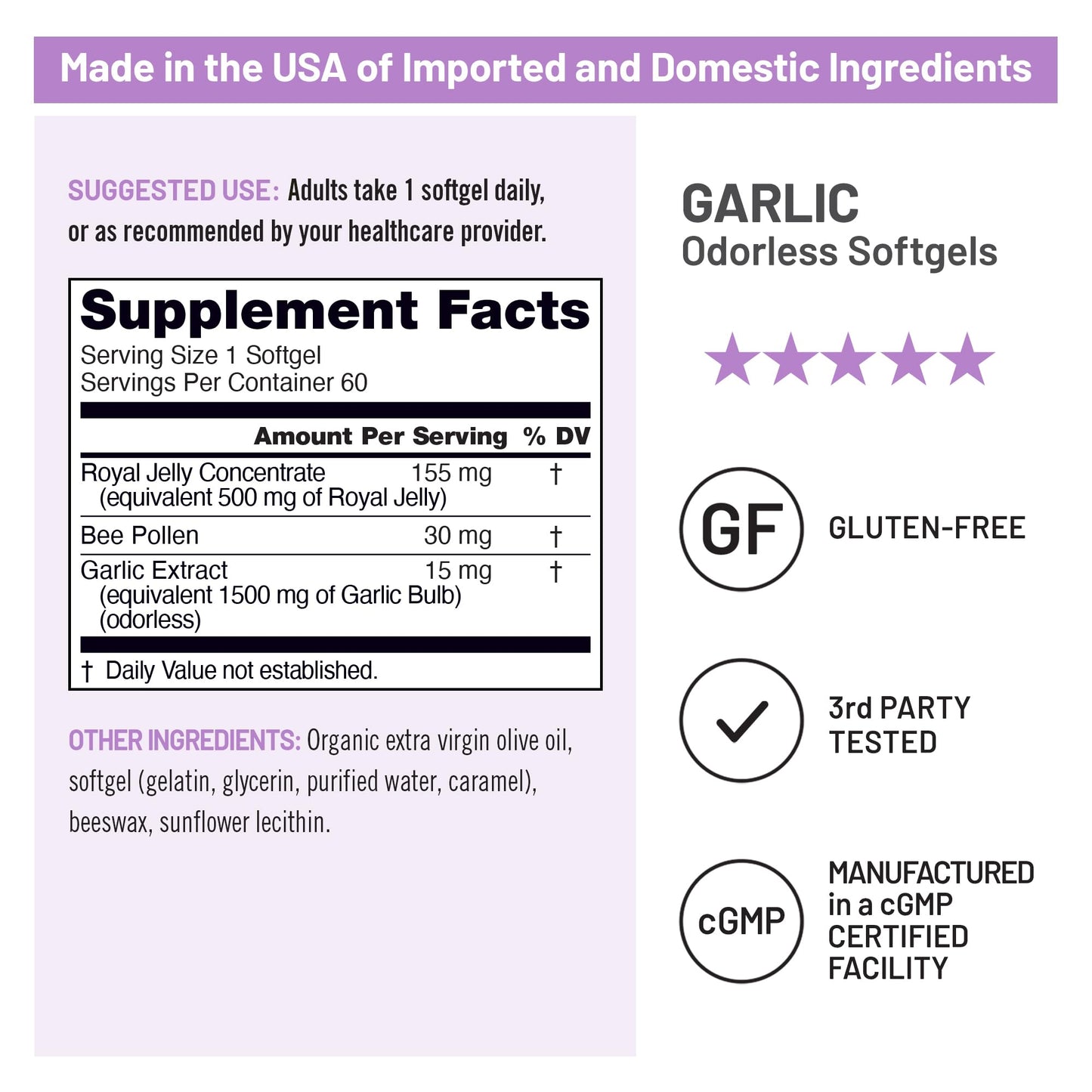 NatureWise Odorless Garlic Pills 1500 mg - with Royal Bee Jelly & Pollen - Herbal Supplement for Heart Health + Immune System + Antioxidants - Gluten-Free, Non-GMO - 60 Softgels [2-Month Supply]