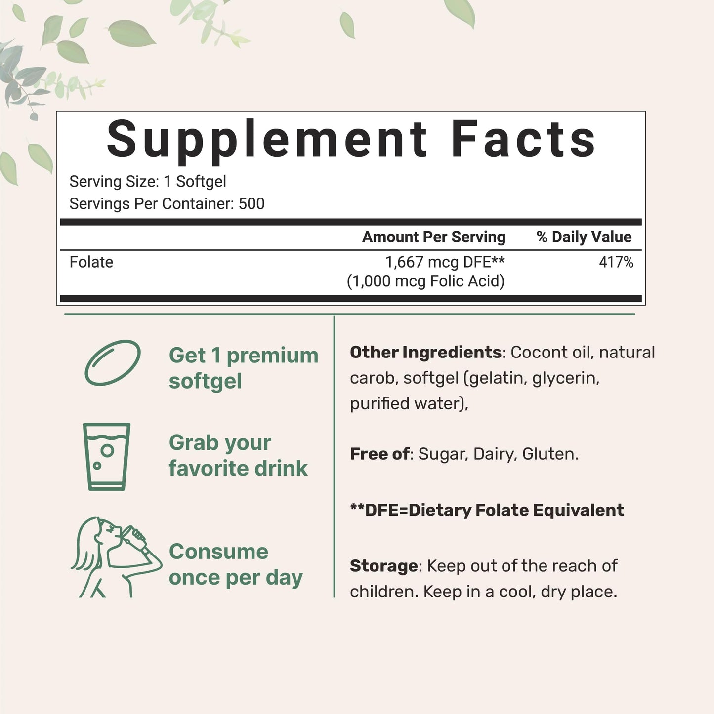 Pre-Order | Arrives in 5–10 Days – Folic Acid 1,000 mcg, 500 Coconut Oil Softgels (1mg) | Essential Prenatal Vitamins (Vitamin B9) | 1,667 mcg DFE | Third Party Tested, No Artificial Colors or Flavors | Non-GMO, Gluten Free