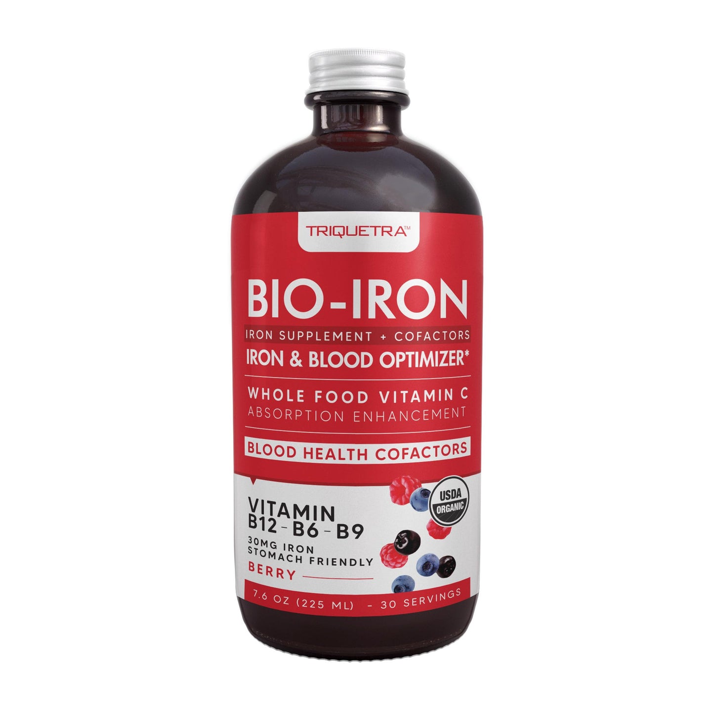 Liquid Iron Supplement | Organic Certified, Berry Flavor - Whole Food Vitamin C Absorption Boost & Blood Building B Vitamins - Methyl B12, L-Methylfolate & B6 - Supports Healthy Iron Levels - 7.6 oz