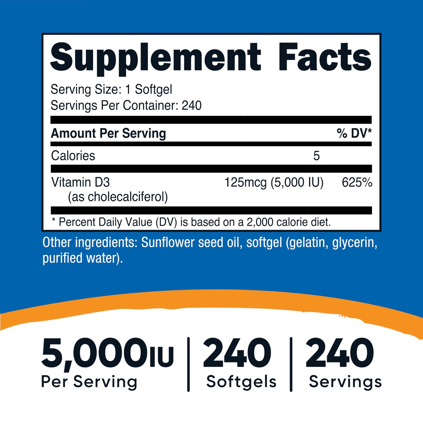Pre-Order | Arrives in 5–10 Days – Nutricost Vitamin D3 5,000 IU (125mcg), 240 Softgels - Non-GMO and Gluten Free Vitamin D