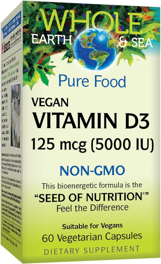 Natural Factors Whole Earth & Sea Vitamin D3 125mcg (5,000 IU), Vegan Bioenhanced, 60 Vegetarian Capsules