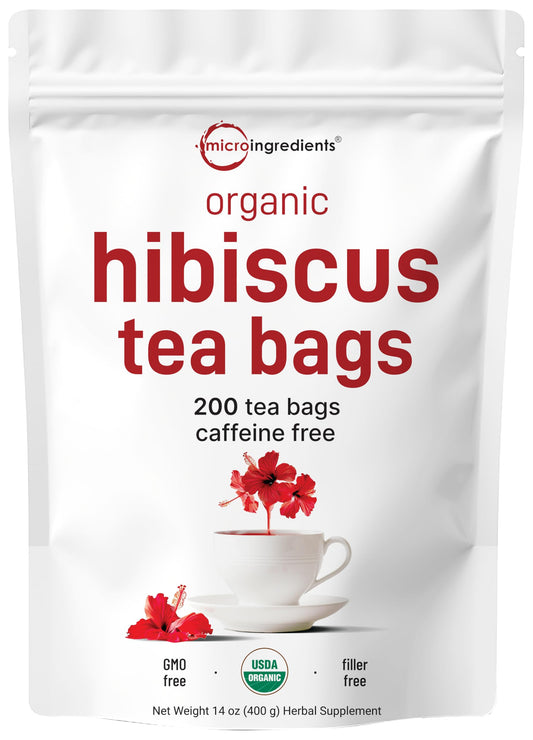 Organic Hibiscus Tea Bags, 200 Count | Premium Source from Hibiscus Flowers | Caffeine Free Herbal Tea | Eco-Friendly Hemp Paper Tea Bags | Non-GMO, No Sugar