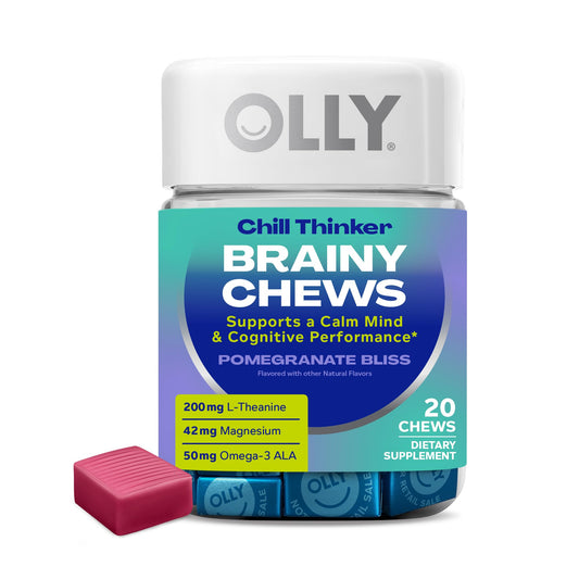 OLLY Chill Thinker Brainy Chews, Plus L-Theanine, Magnesium & Omega-3 for a Relaxed State of Mind, Pomegranate Blueberry Flavor, 20 Count