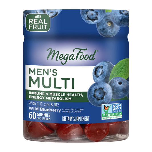 MegaFood Men's Multi - Multivitamin for Men - Gummy Vitamins - Vitamin C, D, Zinc, B12 & Real Fruit - Immune Support - Vegetarian - Wild Blueberry - 60 Gummies (30 Servings)