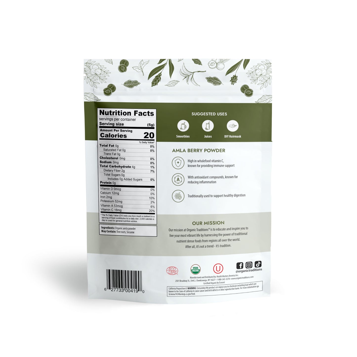 Organic Traditions Organic Amla Berry Powder, Powdered Amla Indian Gooseberry, Non-GMO Organic Powdered Fruit Superfood, 1lb Bag 16oz (454g)