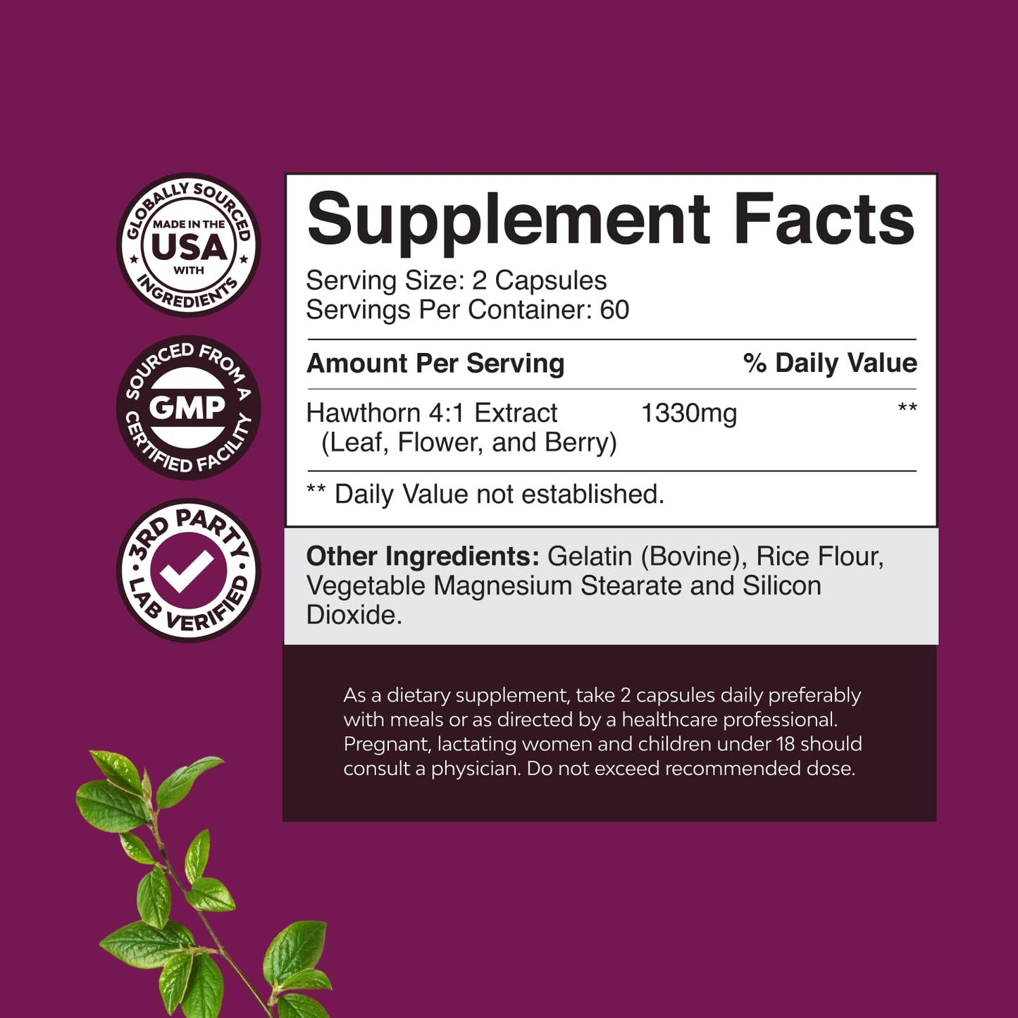 High Strength Hawthorn Berry Capsules - Pure Antioxidant Hawthorn Berry Supplement with Leaf & Flower Extract 4:1 for Healthy Heart & Digestion - Energy Support for Men & Women - 120 Count Pack