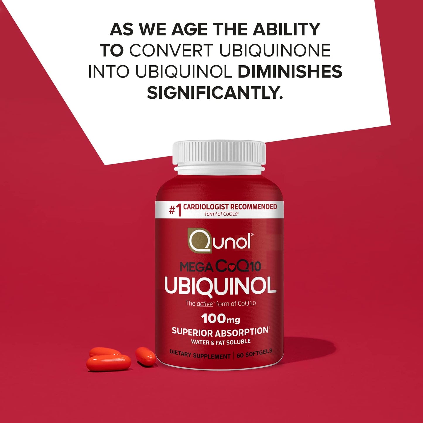Qunol Ubiquinol CoQ10 100mg Softgels, Qunol Mega Ubiquinol 100mg - Superior Absorption - Active form of Coenzyme Q10 for Heart Health - 2 Month Supply - 60 Count