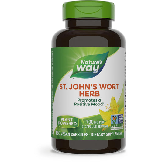 Nature's Way St. John’s Wort Herb, Promotes a Positive Outlook*, 700 mg per 2-Capsule Serving, Non-GMO Project Verified, Vegan, 180 Capsules (Packaging May Vary)