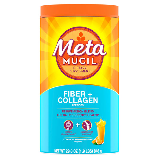 Metamucil Daily Fiber + Collagen, Psyllium Husk Powder, Plant Based, Sugar-Free with Stevia, 3-in-1 Fiber for Digestive Health, Orange Flavored, 90 Doses (29.8 OZ Fiber Powder)