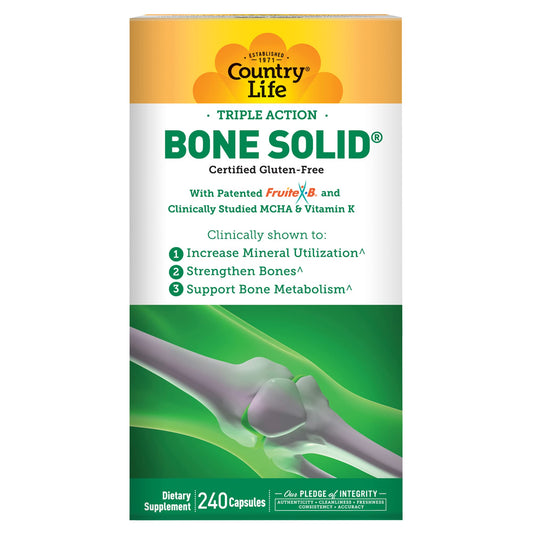 Pre-Order | Arrives in 5–10 Days – Country Life Bone Solid - Bone Health Supplement with Microcrystalline Hydroxyapatite (MCHA), Calcium, Magnesium, Zinc, Vitamins K2 & D3 for Enhanced Bone Strength & Metabolism - 240 Capsules