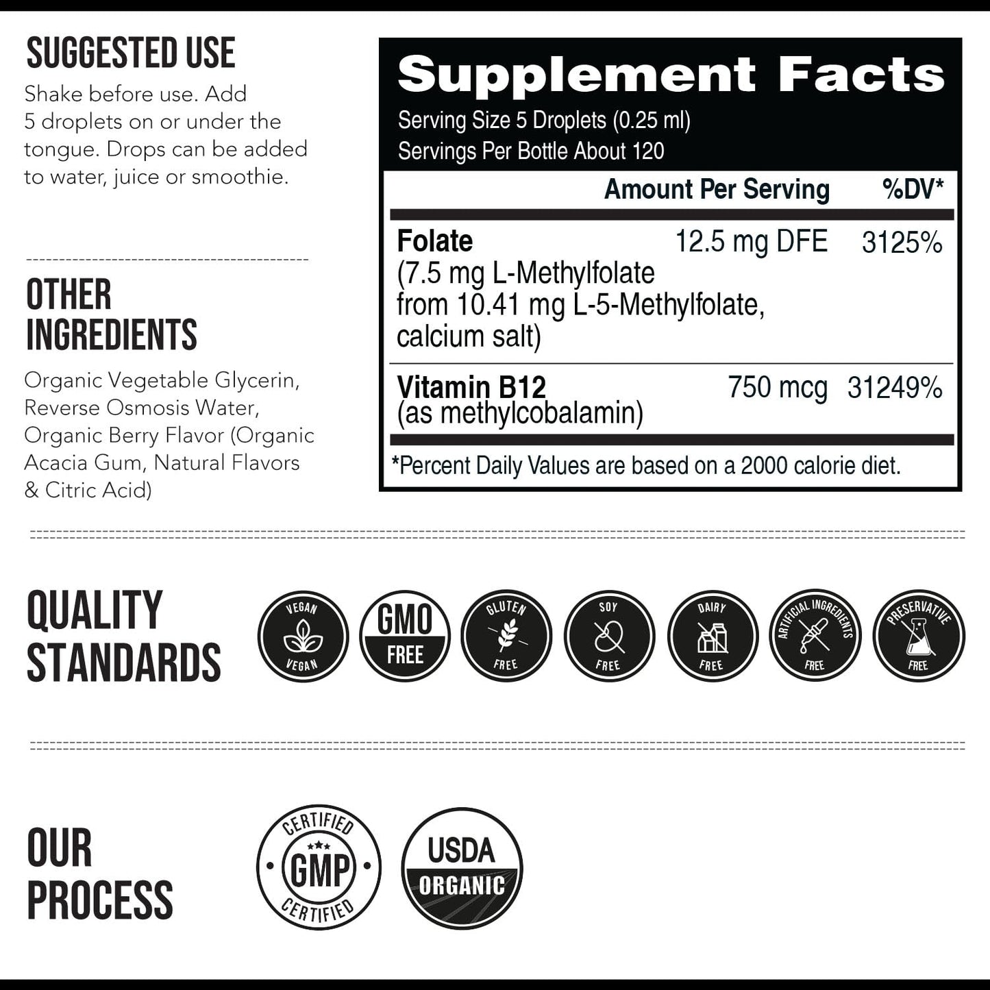 Organic L Methylfolate 7.5 mg Plus Methyl B12 Cofactor - Metabolically Active 5-MTHF Form, Superior Form of Folate - Organic Berry Flavor, Liquid Sublingual Form – Mood, Cognition, Methylation (1oz)