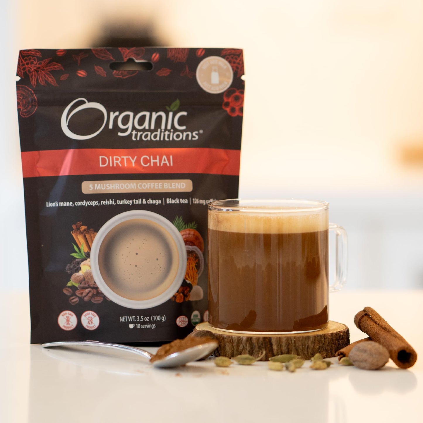 Organic Traditions Dirty Chai Mushroom Coffee Blend, 100% Organic Instant Mushroom Coffee with Chaga, Cordyceps, Reishi, Lion's Mane, Turkey Tail & Black Tea, 105mg of caffeine per cup, 200gr/7oz Bag