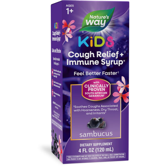Nature’s Way Sambucus Kids Cough Relief +(1) Immune Syrup*, Feel Better Faster(1), Clinically Proven South African Geranium, with Elderberry Extract, Vitamin C & Zinc, Gluten Free, Vegan, 4 Fl Oz