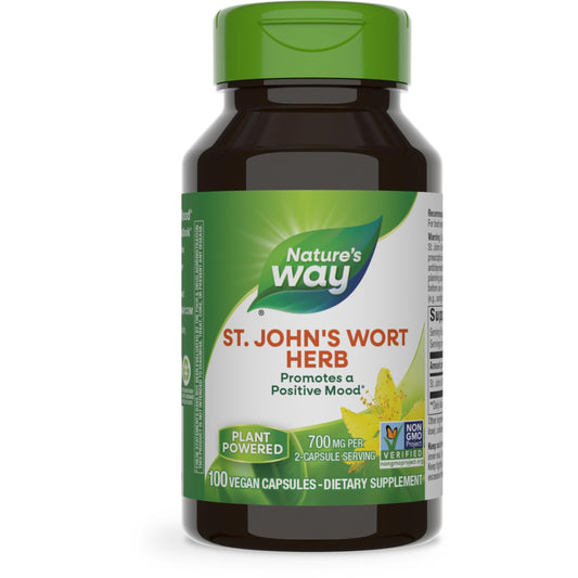 Nature's Way St. John’s Wort Herb, Promotes a Positive Outlook*, 700 mg per 2-Capsule Serving, Non-GMO Project Verified, Vegan, 100 Capsules (Packaging May Vary)