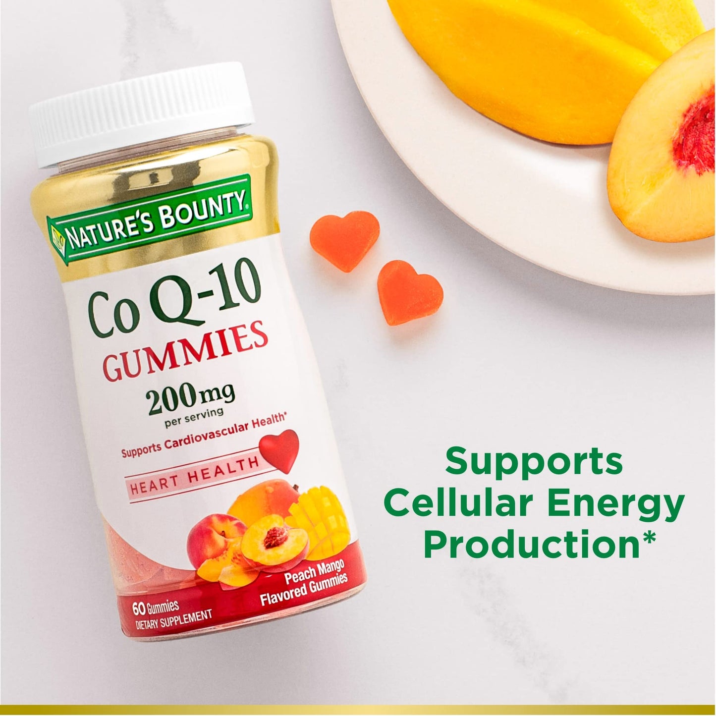 Nature's Bounty CoQ10 Gummies, Supports Heart Health, CoQ10 200 mg per serving, 60 Gummies, Peach Mango Flavour