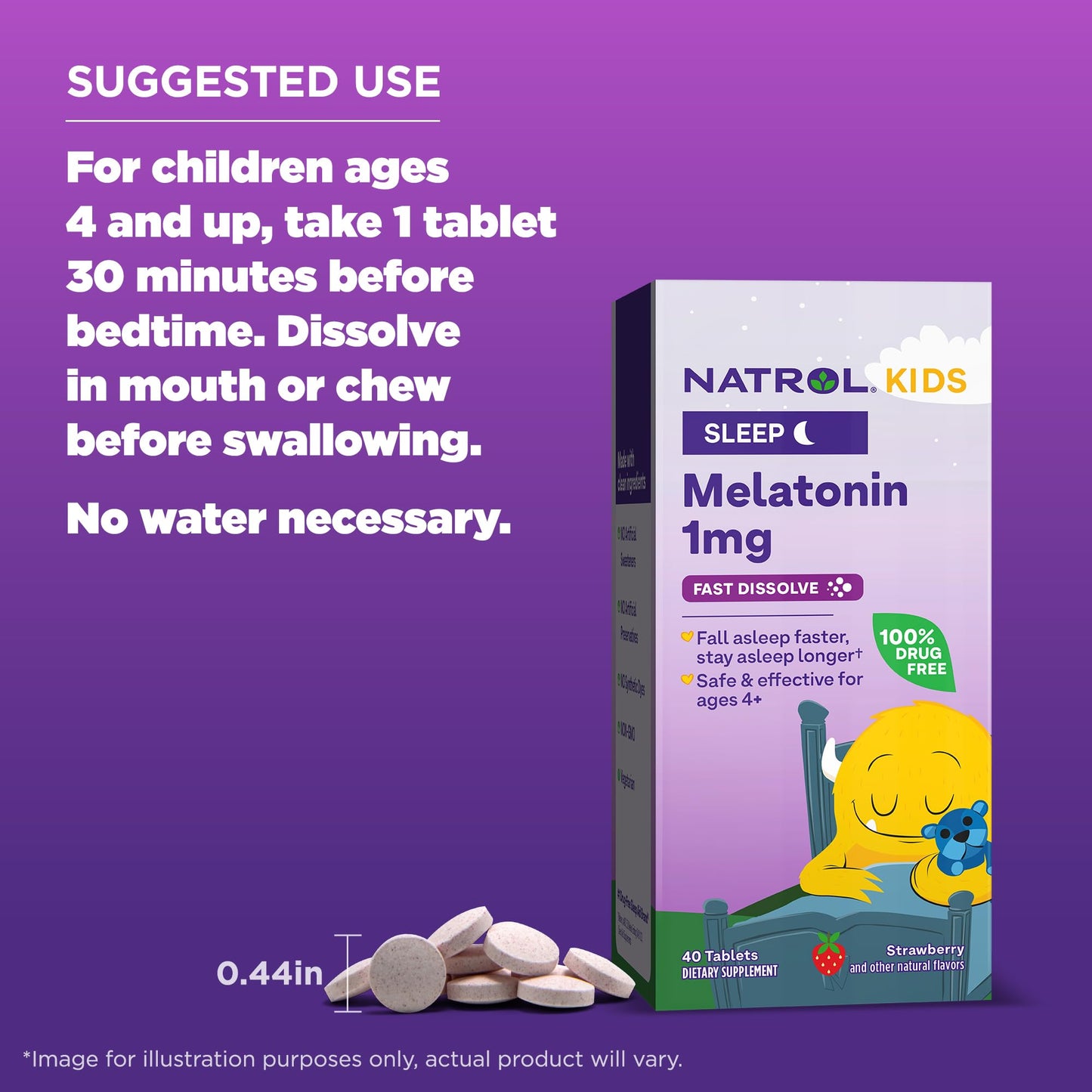 Natrol Kids Fast Dissolve Melatonin 1 mg, Dietary Supplement for Restful Sleep, Sleep Tablets for Kids, 40 Strawberry-Flavored Melatonin Tablets, 40 Day Supply