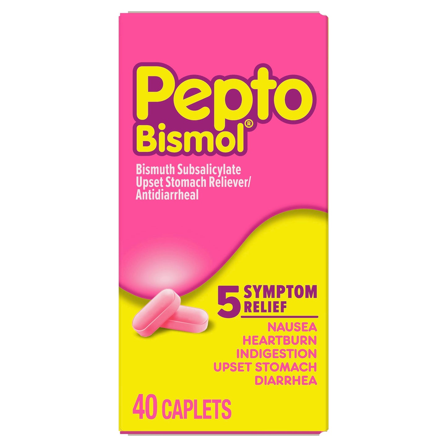 Pepto Bismol Caplets for Nausea, Heartburn, Indigestion, Upset Stomach, and Diarrhea, 5 Symptom Fast Relief in a Convenient Form, 120 Total (3 Packs of 40)