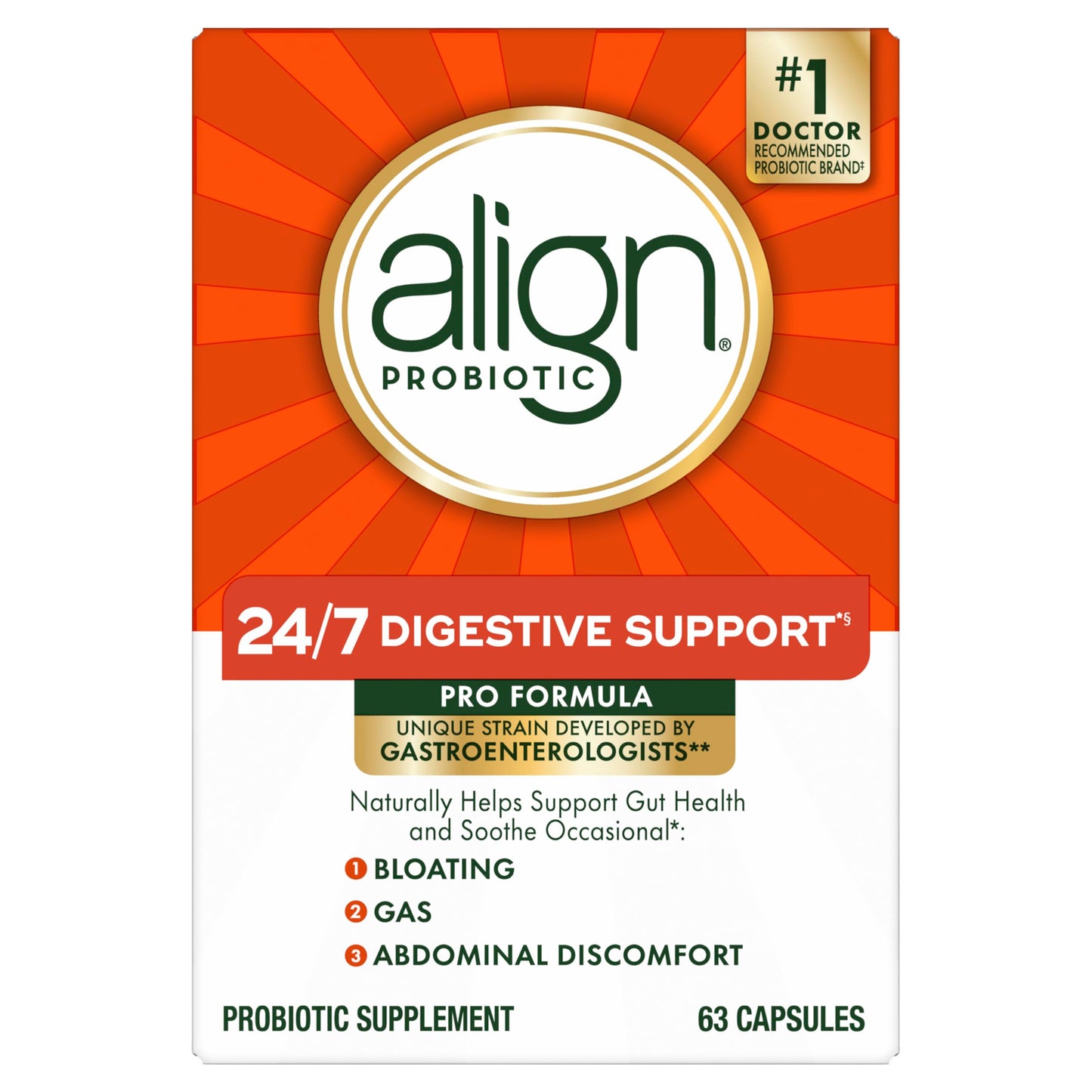 Pre-Order | Arrives in 5–10 Days – Align Probiotic, Pro Formula, Probiotics for Women and Men, Daily Probiotic Supplement, Helps Soothe Occasional Bloating & Gas*, #1 Doctor Recommended Brand‡, 63 Capsules (Packaging May Vary)