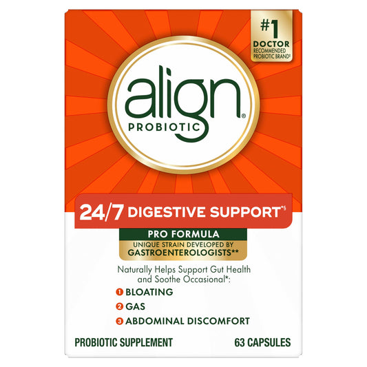 Pre-Order | Arrives in 5–10 Days – Align Probiotic, Pro Formula, Probiotics for Women and Men, Daily Probiotic Supplement, Helps Soothe Occasional Bloating & Gas*, #1 Doctor Recommended Brand‡, 63 Capsules (Packaging May Vary)