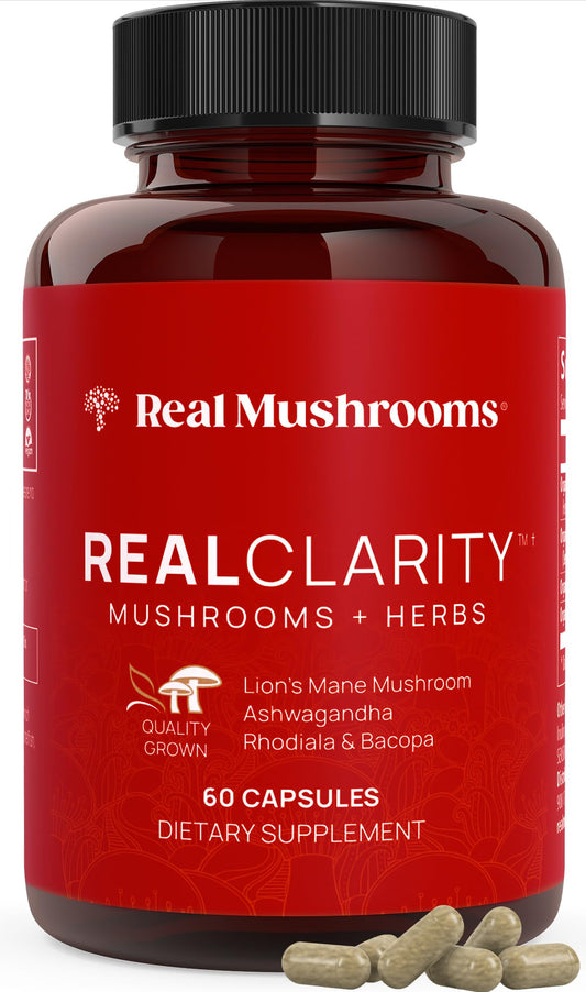 Real Mushrooms RealClarity Capsules – Lion’s Mane, KSM-66 Ashwagandha, Cordyceps & Reishi – Mental Sharpness, Alertness. & Adaptogenic Support – Vegan, Non-GMO – 60 Count Mushroom Supplement