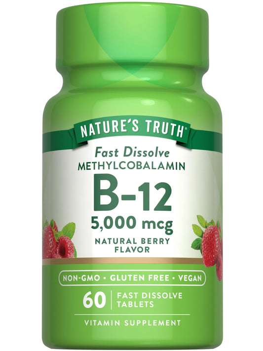 Nature's Truth B12 Vitamin 5000 mcg | 60 Tablets | Fast Dissolve Natural Berry Flavor | Vegan, Non-GMO & Gluten Free Supplement