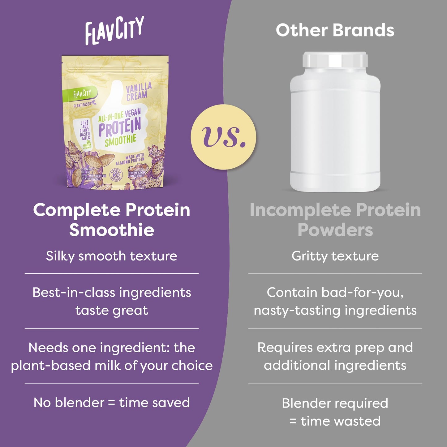 FlavCity Vegan Protein Powder - Vanilla Smoothie - 20g Almond, Plant Based Protein Powder - Dairy-Free Shake - with Organic Fruit, Reishi & Cordecyps Mushrooms - No Blender Needed (15 Servings)