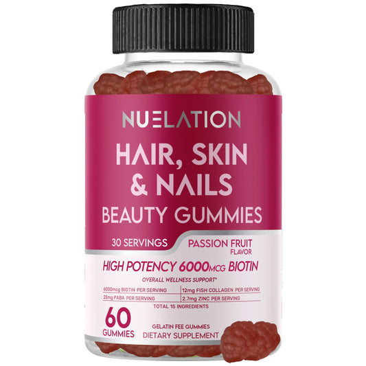 NUELATION Hair Skin and Nails Gummies with Biotin (6000mcg), Collagen & PABA - Hair, Skin, and Nails Vitamins for Women and Men - Supports Hair Growth, Stronger Nails, Healthy Skin - 30 Servings