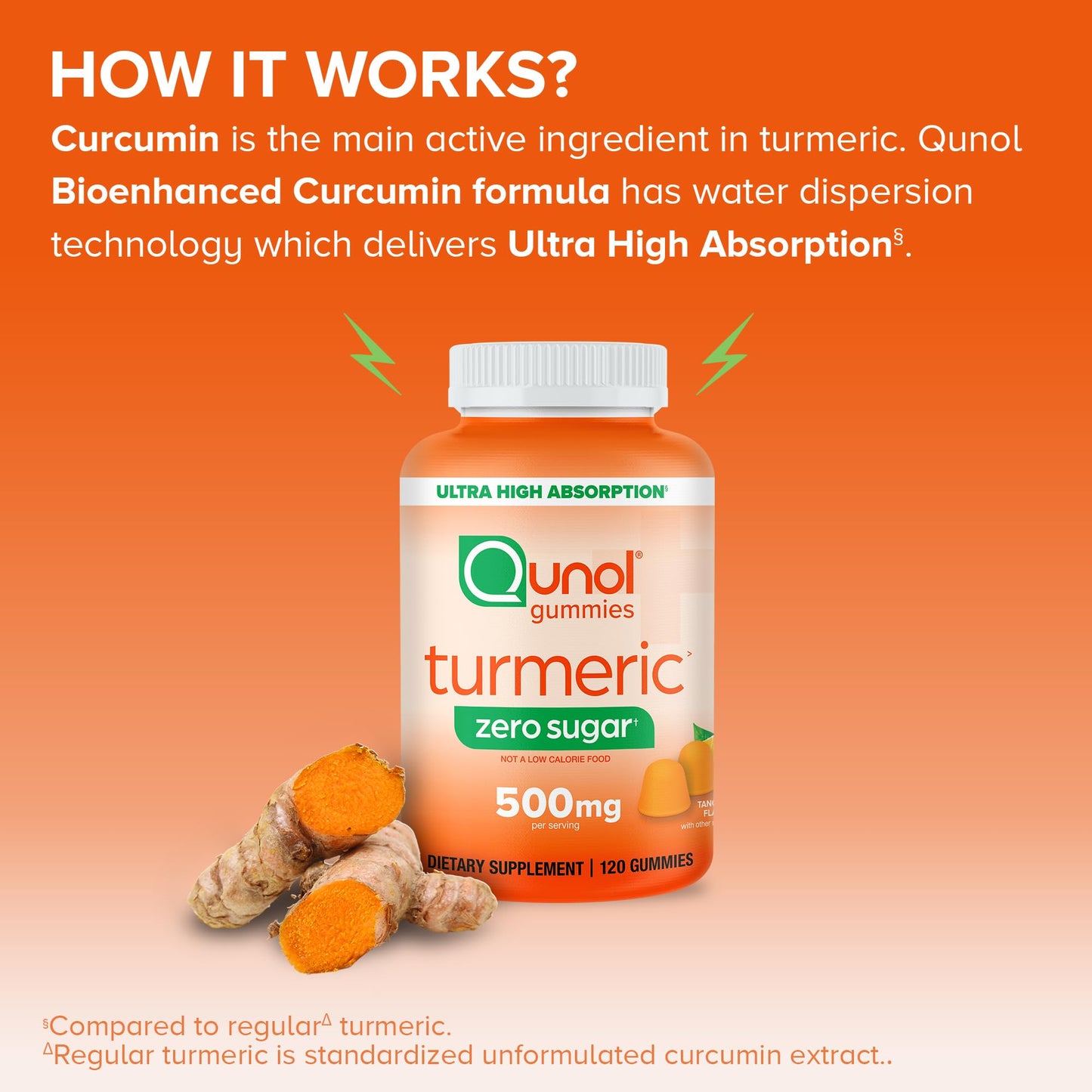 Qunol Zero Sugar Turmeric Gummies, Gummy with 500mg Turmeric Curcumin, Joint Support Supplement, Ultra High Absorption Tumeric Curcumin, Vegetarian, Gluten Free, 120 Count