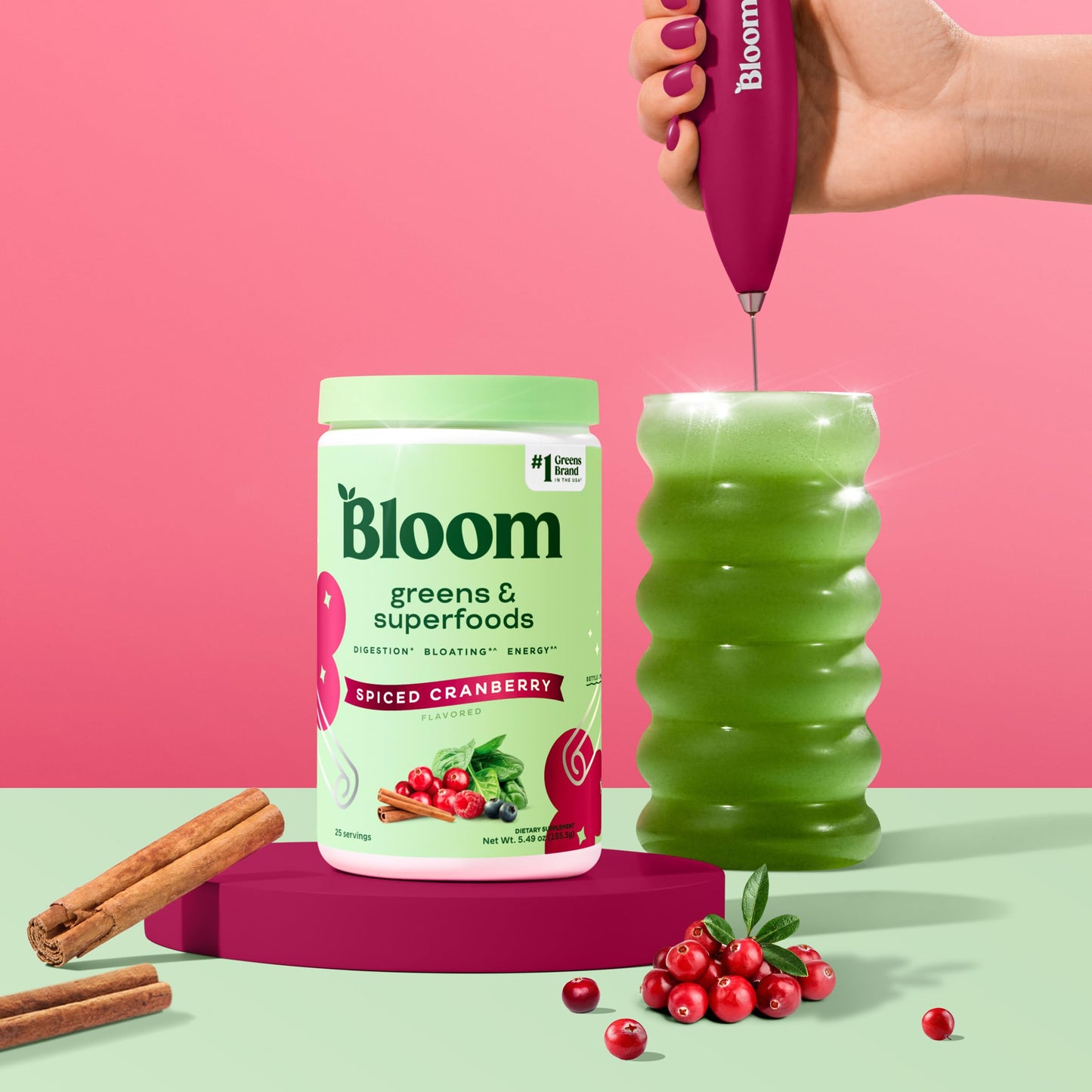 Pre-Order | Arrives in 5–10 Days – 
Bloom Nutrition Superfood Greens Powder, Digestive Enzymes with Probiotics and Prebiotics, Gut Health, Bloating Relief for Women, Chlorella, Green Juice Mix with Beet Root, 25 SVG, Spiced Cranberry