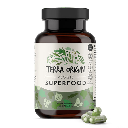 TERRA ORIGIN Veggie Superfood Supplement | 90 Veggie Capsules | Non GMO, Gluten Free, Vegan, and Made in USA | Natural Antioxidant for Adults