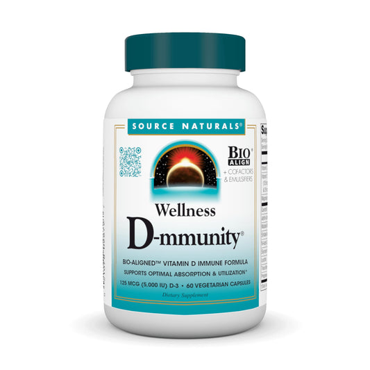 Pre-Order | Arrives in 5–10 Days – Source Naturals Wellness D-mmunity, Bio-Aligned Vitamin D Immune Formula, Supports Optimal Absorption and Utilization* - 60 Vegetarian Capsules