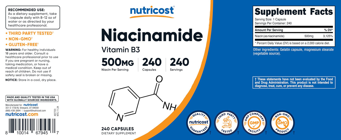 Nutricost Niacinamide (Vitamin B3) 500mg, 240 Capsules - Non-GMO, Gluten Free, Flush Free Vitamin B3