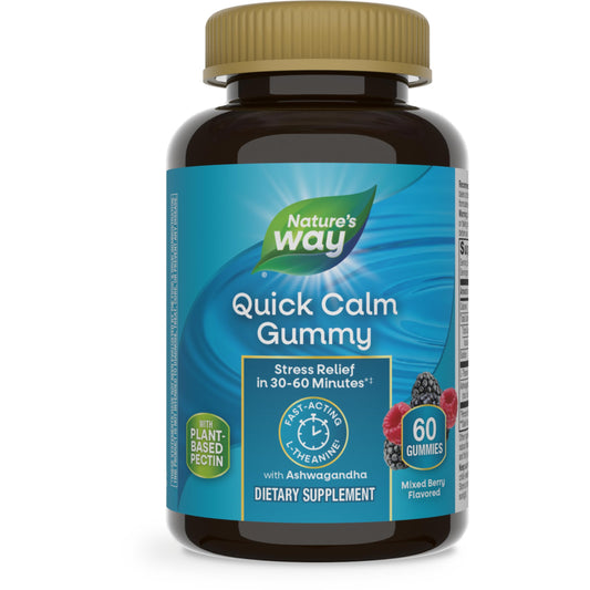 Nature's Way Quick Calm Gummies, L-Theanine for Relaxation*, Fast-Acting, Stress Relief from L-Theanine Within 30-60 minutes*, with Ashwagandha, Vegetarian, Mixed Berry Flavored,  60 Gummies