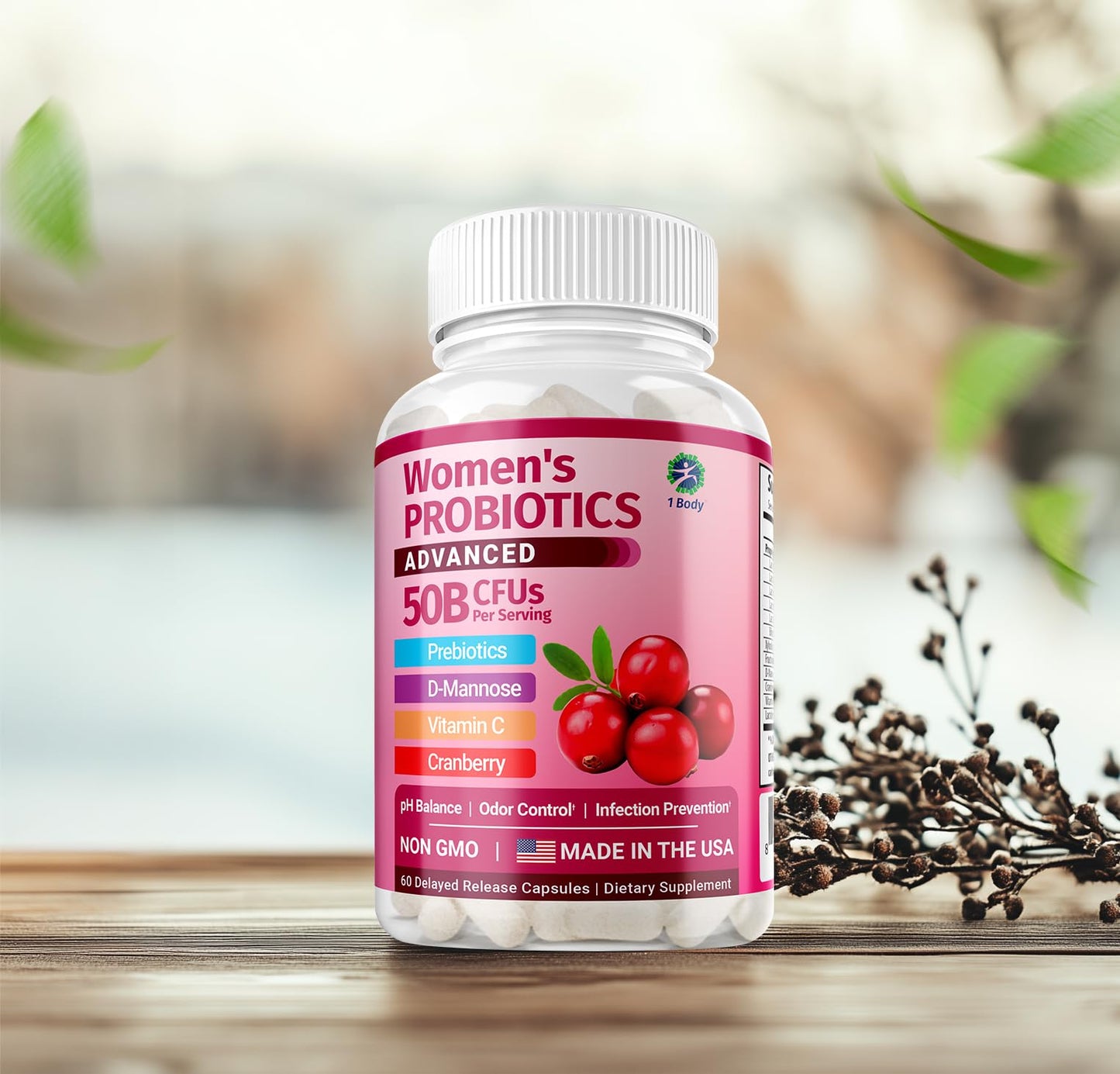 1 Body Women's Probiotic Supplement, 50 Billion CFU, Vaginal and Digestive Health Support, 60 Vegan Capsules