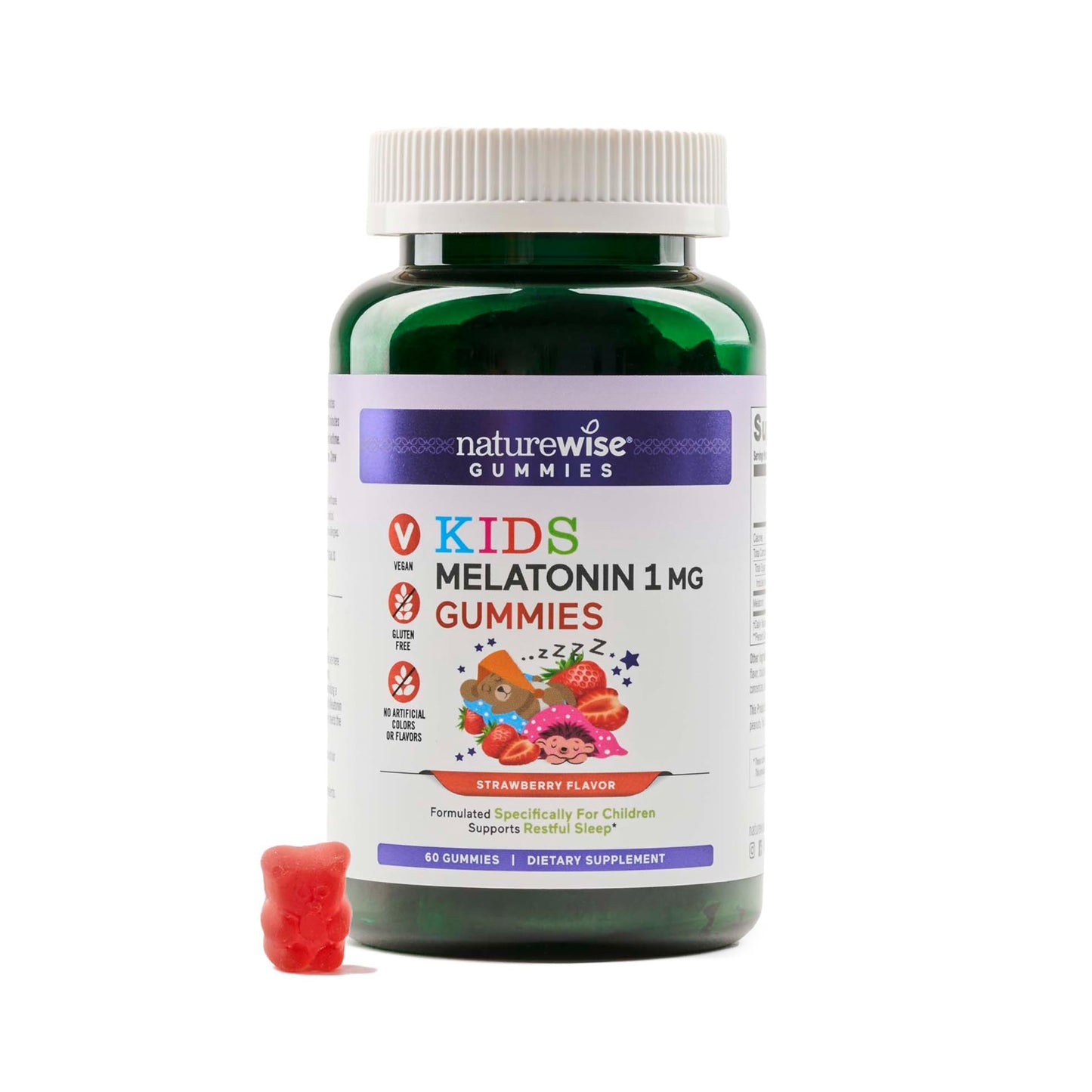 Naturewise Kids Melatonin Gummies 1 mg - Drug-Free, Non-Habit Forming Sleep Aid for Children Ages 4 & Up - Strawberry Flavored Gummy Bears - Vegan, Gluten Free, Non-GMO - 60 Count[2-Month Supply]