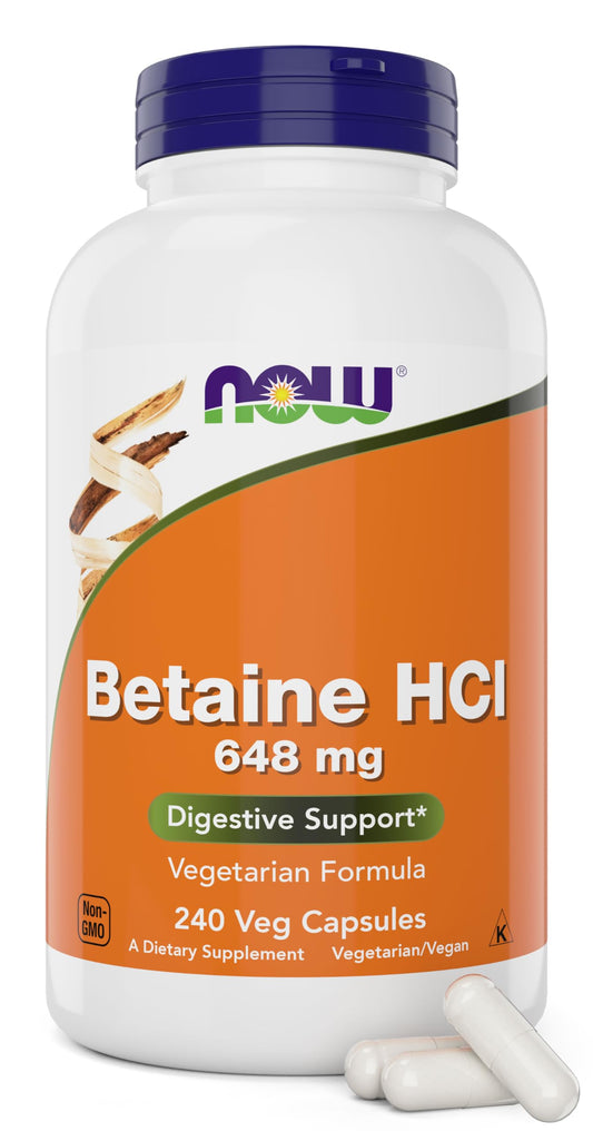Pre-Order | Arrives in 5–10 Days – Now Betaine HCl 648mg 240 Veg Capsules - Digestive Enzymes Supplement - Enhanced with Pepsin Protease for Protein Digestion Support