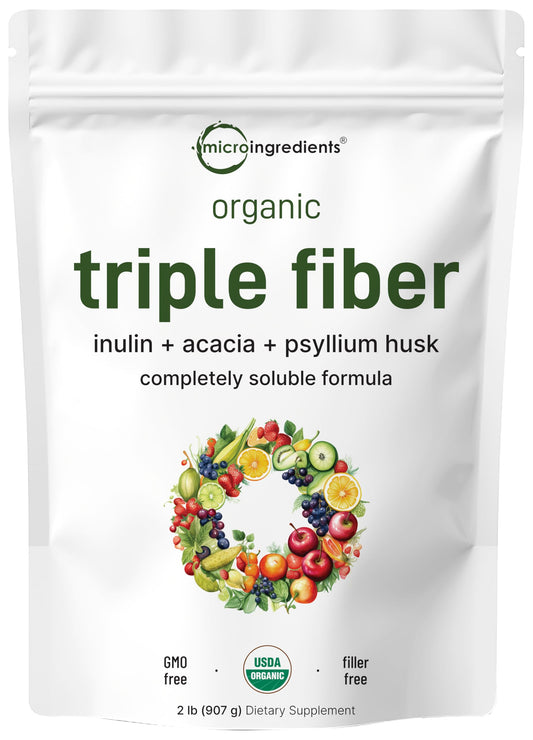 Organic Fiber Supplement (Inulin, Acacia, Psyllium Husk), 2 Pounds, 3-in-1 Formula, Daily Soluble Fiber, Unflavored, Prebiotics Supplement for Digestive Health, Hunger Control, Vegan